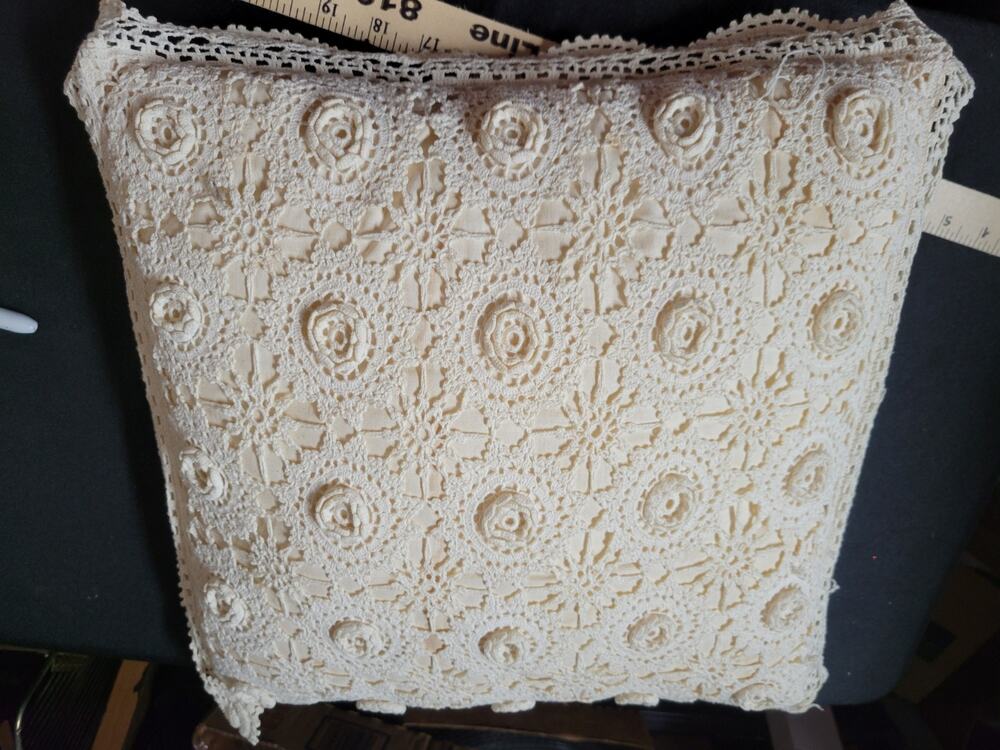 Vintage Crochet Lace Rose Throw Pillow Ivory Cottagecore Grannycore 1980s
